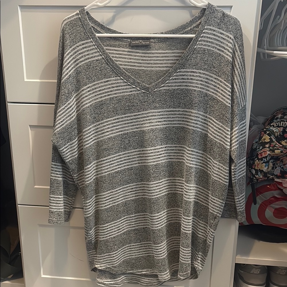 Gray and White Striped V-Neck Sweater Tee